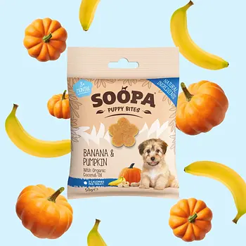 Přírodní veganské kousky Puppy s banánem a dýní jsou hypoalergenní pamlsky, vhodné pro štěňata od 3 měsíců věku, které jsou ideální na trénink nebo jako malá zdravá svačinka, nejen pro psy s citlivým zažíváním.